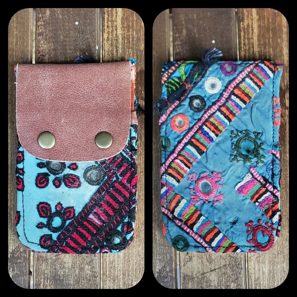 👽🌋 Free People Boho Embroidered Repurposed vtg banjara hippie Wallet card case